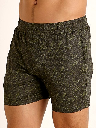 Model in olive/army hex camo St33le Printed Stretch Mesh Performance Shorts Olive/Army Hex Ca