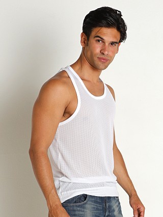 Model in jay white C-IN2 Scrimmage Relaxed Tank Top