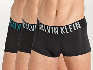 Model in black w multi logo Calvin Klein Intense Power Micro Low Rise Trunk 3-Pack Multi