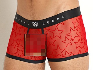 Model in red Gregg Homme Starr Mesh Trunk