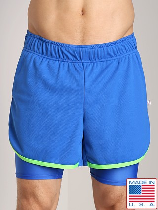 Model in royal/neon lime American Jock Competition Workout Short