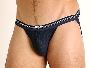 Model in navy Cell Block 13 Tight End Swimmer Jockstrap