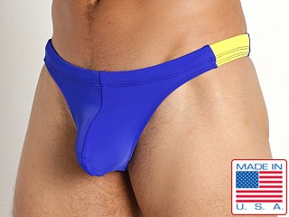 Model in royal/yellow Rick Majors Aquatic Swim Thong