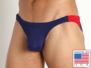 Model in navy/red Rick Majors Aquatic Low Rise Swim Brief