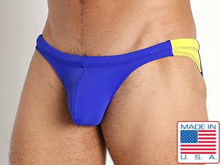 Model in royal/yellow Rick Majors Aquatic Low Rise Swim Brief