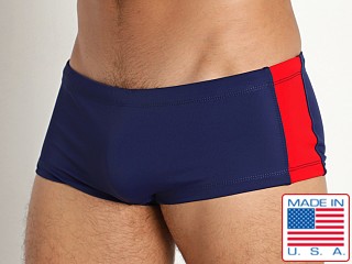 Model in navy/red Rick Majors Aquatic Super Low Rise Swim Trunk