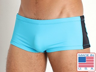 Model in aqua/black Rick Majors Aquatic Super Low Rise Swim Trunk