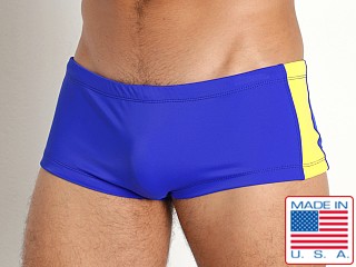 Model in royal/yellow Rick Majors Aquatic Super Low Rise Swim Trunk