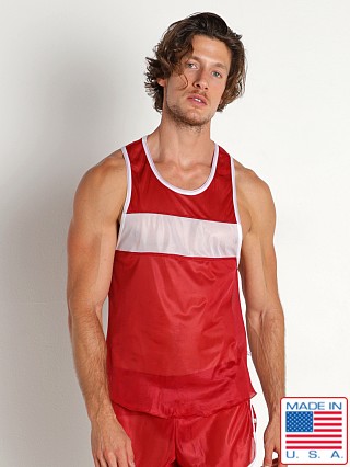 Model in burgundy American Jock Decathlon Competition Tank Top