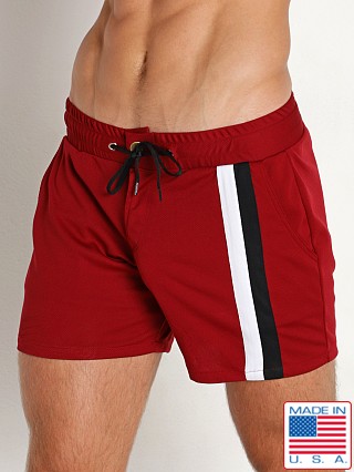 Model in burgundy American Jock Decathlon Coach Short