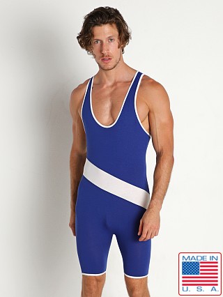 Model in royal American Jock Decathlon Singlet