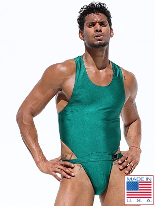 Model in emerald Rufskin Caio Dual-Waist Shiny Bodysuit