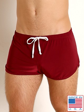 Model in burgundy Rick Majors Glossy Flow Lounge Shorts