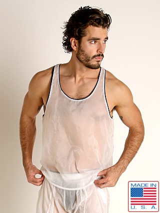 Model in white/black Rick Majors Sheer Ice Nylon Tank Top