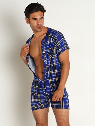 Model in black/blue Timoteo Cabin Fever Plaid Union Suit