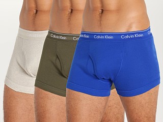 Model in royalty/army green/flaz heather Calvin Klein Cotton Classics Trunks 3-Pack Royalty/Army/Heather