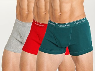 Model in maya blue/grey heather/rustic red Calvin Klein Cotton Classics Trunks 3-Pack Teal/Grey/Red