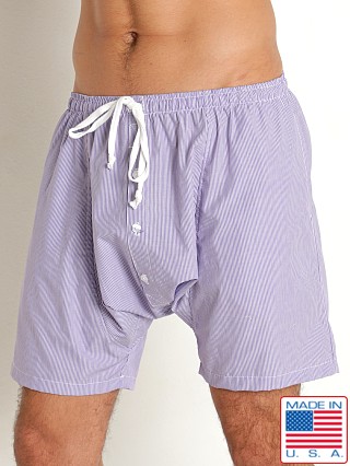 Model in purple Rick Majors Sahara Cotton Pinstripe Drop Crotch Shorts