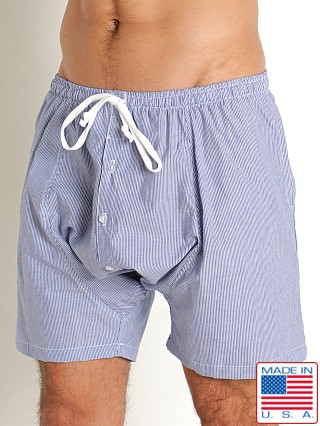 Model in royal Rick Majors Sahara Cotton Pinstripe Drop Crotch Shorts