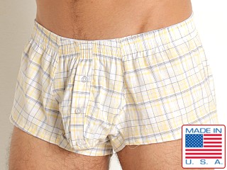 Model in yellow plaid Rick Majors Stretch Poplin Bulge Boxer