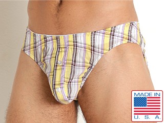 Model in lavender/yellow plaid Rick Majors 100% Cotton Tuscan Bulge Brief