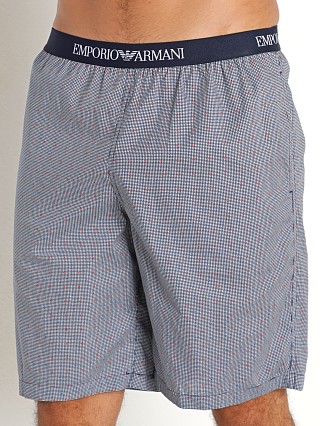 Model in marine microcheck Emporio Armani Woven Bermuda Shorts