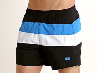 Model in black/blue Hugo Boss Filefish Swim Shorts