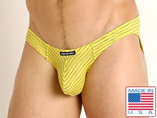 Model in yellow Rick Majors Vintage Stripe Super Low Rise Bikini