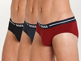 Model in burgundy/black/navy Hugo Boss Hip Brief Bold 3-Pack