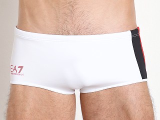 Model in white Emporio Armani Color Block Swim Trunk