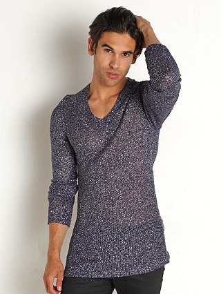 Model in blue Modus Vivendi Knight V-Neck Metallic Mesh Longsleeves