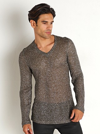 Model in khaki Modus Vivendi Knight V-Neck Metallic Mesh Longsleeves