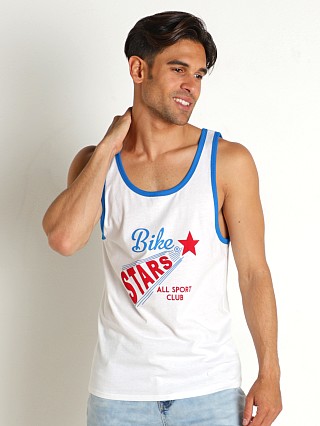 Model in white/blue Bike Athletic Logo Ringer Tank Top