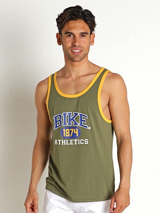 Model in olive/yellow Bike Athletic Logo Ringer Tank Top