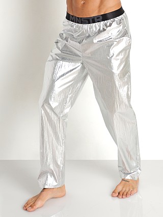 Model in shiny silver Manstore Nightclub Pants