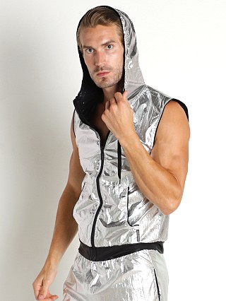 Model in shiny silver Manstore Nightclub Two-Way Zipper Hoodie