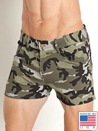 Model in army camo LASC Stretch Twill 5-Pocket 3" Camo Shorts Army