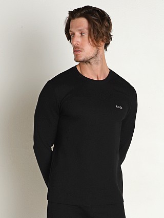 Model in black Hugo Boss Waffle Long Sleeve Shirt