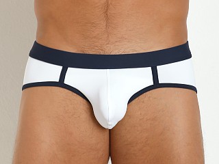 Model in white/navy Tulio Supplex C-Ring Backstrap Brief