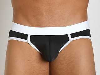 Model in black/white Tulio Power Pouch Color Block Slinky Brief