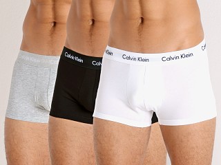 Model in white/black/grey heather Calvin Klein Cotton Stretch Wicking Low Rise Trunk 3-Pack Multi