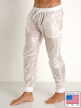 Model in white Rick Majors Ripstop Wet Look Cargo Pants