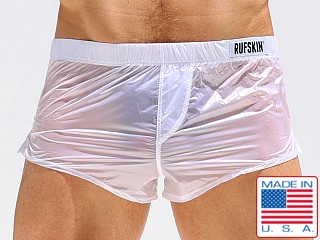 Model in white Rufskin Zuko See-Through Nylon Shorts