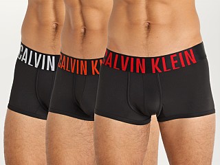 Model in black w multi logo Calvin Klein Intense Power Micro Low Rise Trunk 3-Pack Black