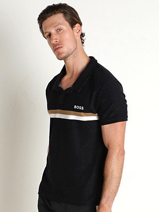 Model in black Hugo Boss Terry Beach Polo Shirt