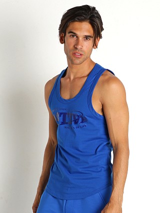 Model in blue Modus Vivendi Diagonal Knit Tank Top