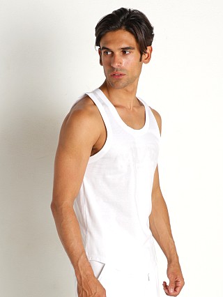 Model in white Modus Vivendi Diagonal Knit Tank Top