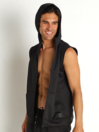 Model in black Modus Vivendi Diagonal Knit Sleeveless Hoodie