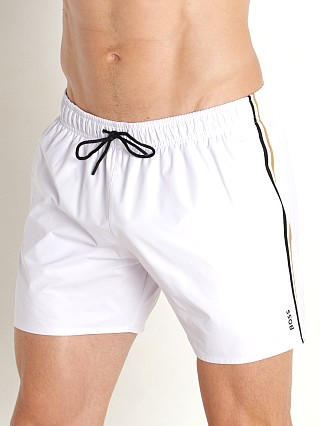 Model in white Hugo Boss Iconic Swim Shorts