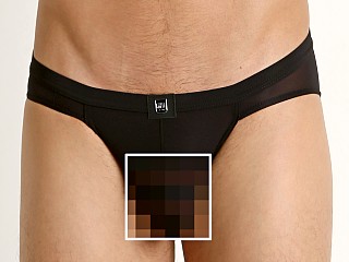 Model in black Gregg Homme High-Line Laser-Cut Mesh Brief